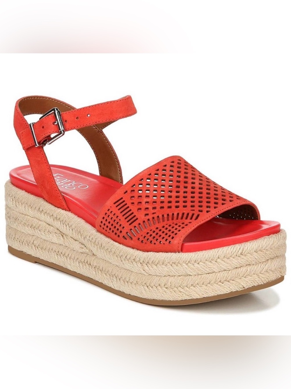 NWT Franco Sarto Tennia 7 Coral Red Espadrille Jute Wedge Suede Leather Sandal